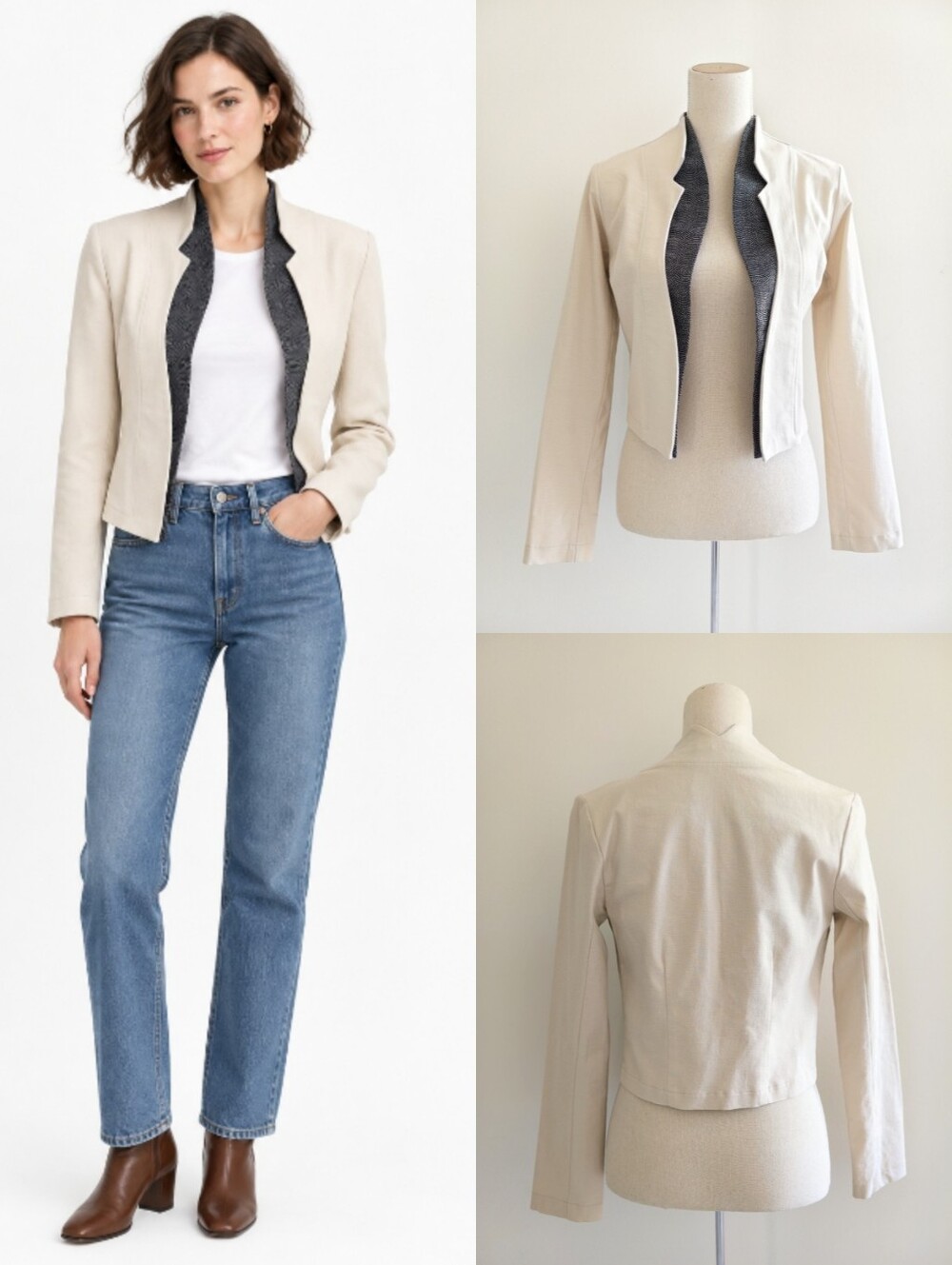 NWT Jennifer Glasgow Linen Open-Front Contrast Panel Cropped Blazer Jacket